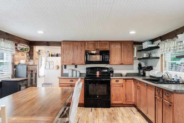 2420 Jollett Rd, Elkton, VA 22827 - kitchen featuring black appliances, a sink, open shelves, plenty of natural light, and recessed lighting