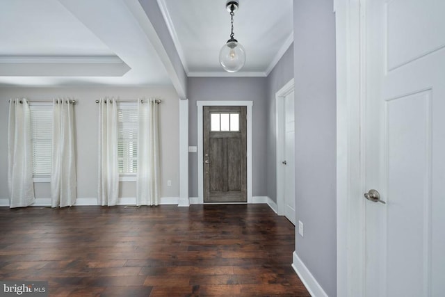 foyer entrance featuring ornamental molding and dark hardwood / wood-style floors