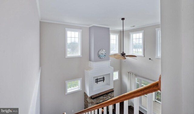 stairs featuring ornamental molding, a wealth of natural light, and ceiling fan