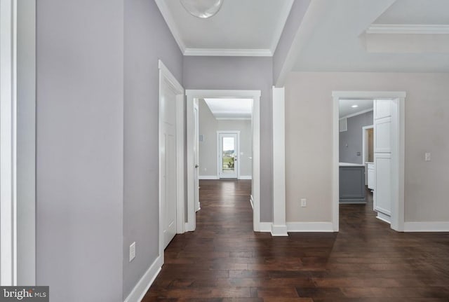 corridor with dark wood-type flooring and ornamental molding