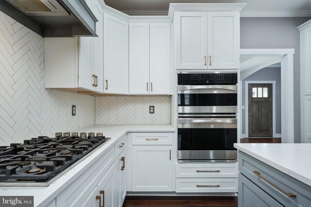 kitchen with decorative backsplash, stainless steel appliances, custom range hood, and white cabinets