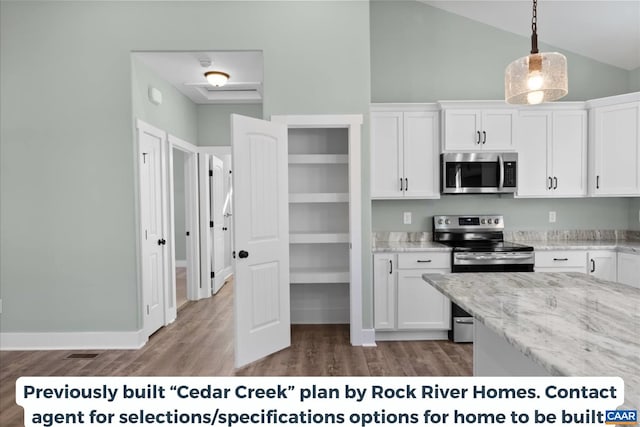TBD Amelia Springs Road, Amelia, VA 23083 - kitchen with appliances with stainless steel finishes, light stone counters, vaulted ceiling, white cabinetry, and light wood-style floors