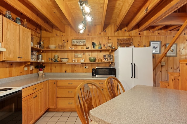 537 High Valley Dr N, Monterey, VA 24465 - kitchen with white appliances, open shelves, light tile patterned floors, beamed ceiling, and wood walls