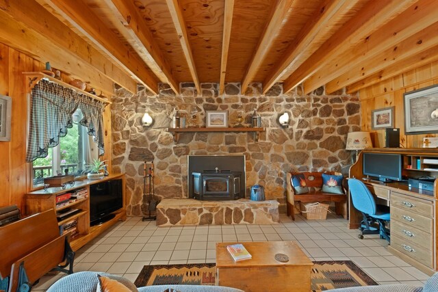 537 High Valley Dr N, Monterey, VA 24465 - living room with a wood stove, tile patterned flooring, beamed ceiling, and a desk