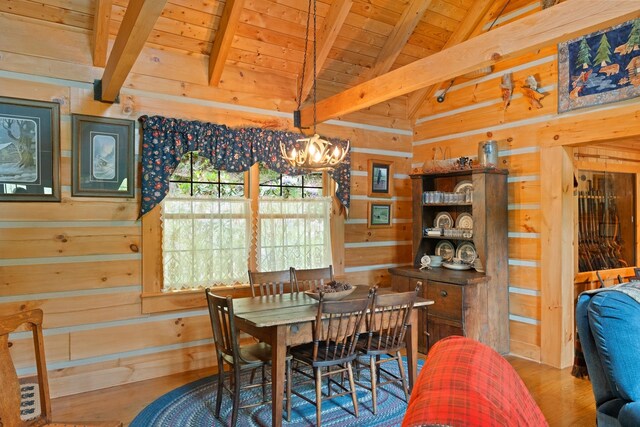 537 High Valley Dr N, Monterey, VA 24465 - dining space with wooden ceiling, beam ceiling, wooden walls, wood finished floors, and a chandelier