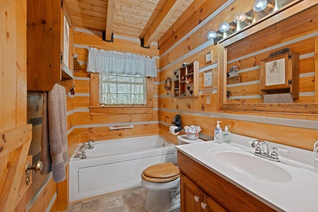 537 High Valley Dr N, Monterey, VA 24465 - bathroom featuring wooden ceiling, wood walls, a bath, beamed ceiling, and vanity