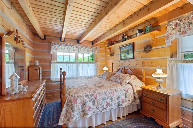 537 High Valley Dr N, Monterey, VA 24465 - bedroom featuring wooden walls, wood finished floors, wooden ceiling, and beamed ceiling