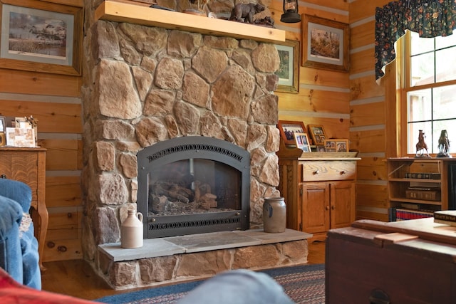 537 High Valley Dr N, Monterey, VA 24465 - living area featuring wood finished floors, a fireplace, and wooden walls