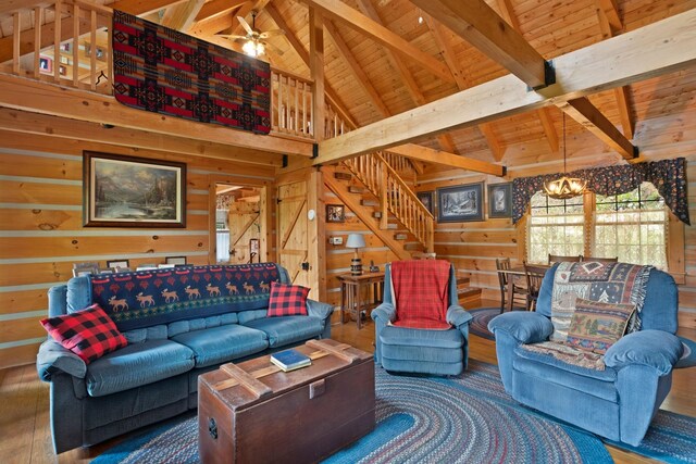 537 High Valley Dr N, Monterey, VA 24465 - living room with wooden ceiling, wood-type flooring, wood walls, beam ceiling, and ceiling fan