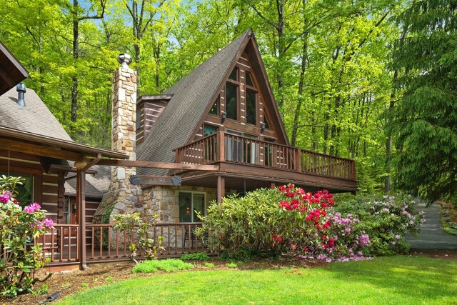 537 High Valley Dr N, Monterey, VA 24465 - back of house featuring roof with shingles, a chimney, a yard, and a wooden deck
