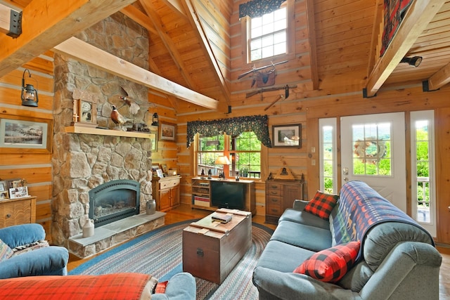 537 High Valley Dr N, Monterey, VA 24465 - living area featuring wood ceiling, wood finished floors, a fireplace, and wood walls