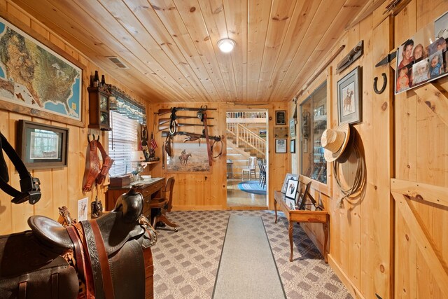 537 High Valley Dr N, Monterey, VA 24465 - office space featuring wood ceiling, wooden walls, and carpet floors