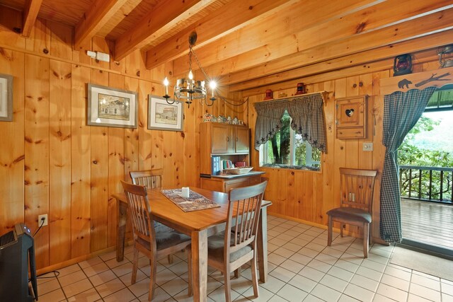 537 High Valley Dr N, Monterey, VA 24465 - dining space with beamed ceiling, a chandelier, light tile patterned floors, wood walls, and wooden ceiling