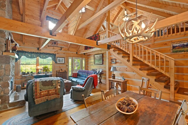 537 High Valley Dr N, Monterey, VA 24465 - dining space with wood finished floors, wooden ceiling, stairs, beam ceiling, and high vaulted ceiling