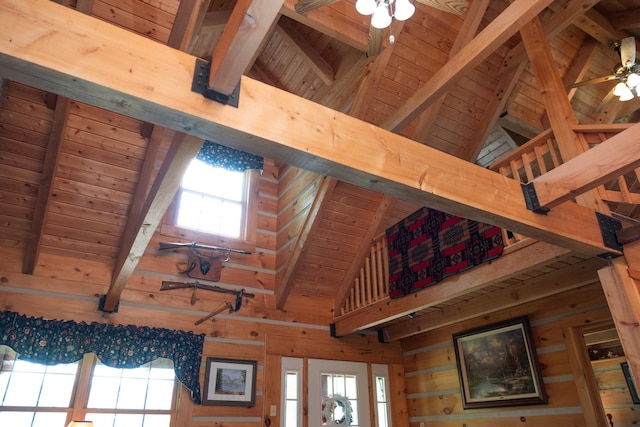 537 High Valley Dr N, Monterey, VA 24465 - detailed view of wooden ceiling, ceiling fan, beam ceiling, and wood walls