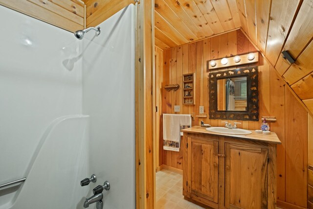 537 High Valley Dr N, Monterey, VA 24465 - bathroom with wooden walls, vanity, lofted ceiling, tub / shower combination, and wooden ceiling