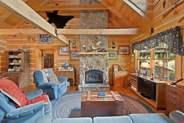 537 High Valley Dr N, Monterey, VA 24465 - living area with wood finished floors, beamed ceiling, wooden ceiling, high vaulted ceiling, and wood walls