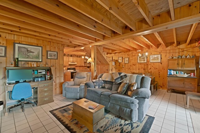 537 High Valley Dr N, Monterey, VA 24465 - living area with light tile patterned floors, wood walls, a desk, and beamed ceiling