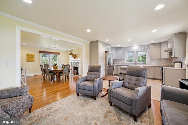 12014 Jefferson Hwy, Mineral, VA 23117 - living area featuring plenty of natural light, ornamental molding, light wood-style flooring, recessed lighting, and a fireplace