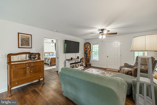 166 John Tucker Rd, Madison, VA 22727 - living room featuring ceiling fan, dark wood-style flooring, and baseboards