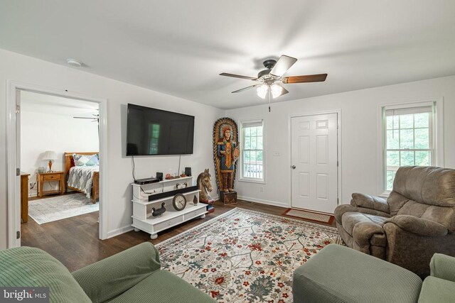 166 John Tucker Rd, Madison, VA 22727 - living area featuring dark wood-type flooring, healthy amount of natural light, ceiling fan, and baseboards