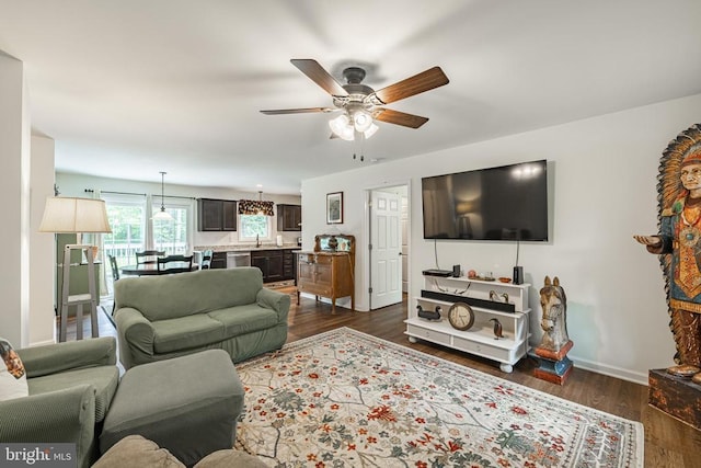 166 John Tucker Rd, Madison, VA 22727 - living room with a ceiling fan, dark wood-style floors, and baseboards