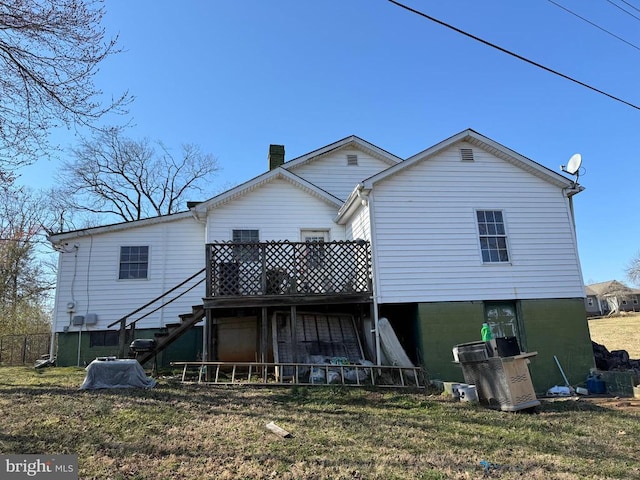 13093 Stonehouse Mountain Rd, Culpeper, VA 22701 - rear view of property with stairway, a chimney, a deck, and a lawn