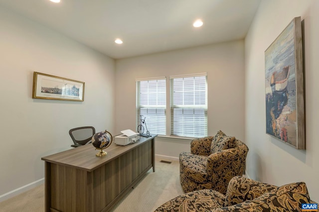 office space with light carpet, baseboards, and recessed lighting