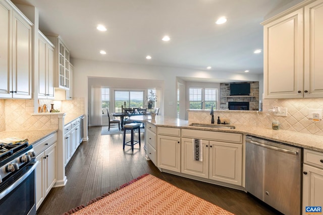 kitchen featuring appliances with stainless steel finishes, a sink, healthy amount of natural light, light stone countertops, and recessed lighting