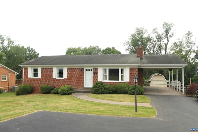 5649 Park Rd, Crozet, VA 22932 - ranch-style house featuring driveway, an outbuilding, brick siding, and a chimney
