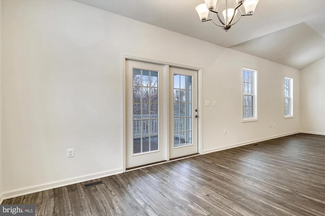 12 Kovi Ridge Trl, Reva, VA 22735 - empty room with a chandelier, dark wood finished floors, baseboards, and lofted ceiling