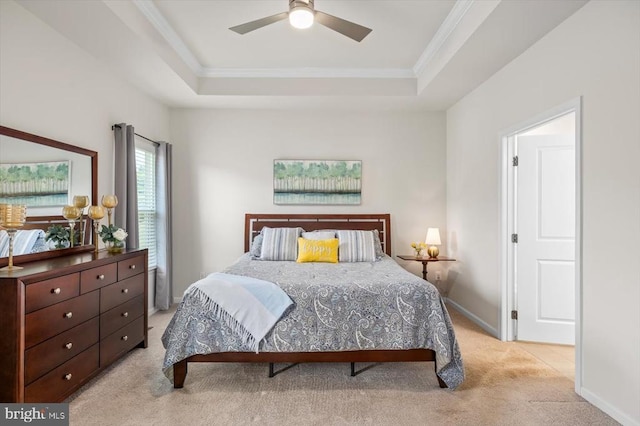 14219 Belle Ave, Culpeper, VA 22701 - bedroom with light carpet, a raised ceiling, crown molding, baseboards, and ceiling fan