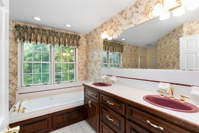 82 Pheasant Run, Waynesboro, VA 22980 - bathroom featuring healthy amount of natural light, wallpapered walls, a shower stall, and a tub with jets