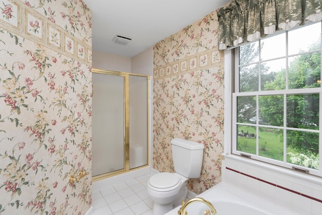 82 Pheasant Run, Waynesboro, VA 22980 - bathroom with tile patterned flooring, healthy amount of natural light, a stall shower, toilet, and wallpapered walls
