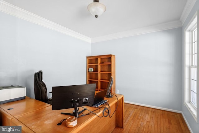 office with baseboards, ornamental molding, and wood-type flooring