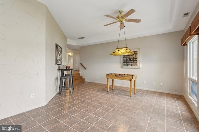 208 Mt Pleasant Dr, Locust Grove, VA 22508 - tiled dining room featuring ceiling fan, stairs, and baseboards