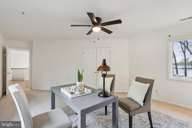 208 Mt Pleasant Dr, Locust Grove, VA 22508 - office area with ceiling fan, light carpet, and baseboards