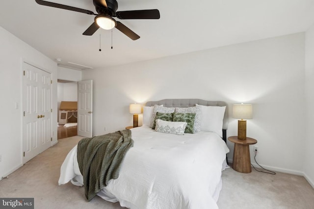 208 Mt Pleasant Dr, Locust Grove, VA 22508 - bedroom with light colored carpet, baseboards, and ceiling fan