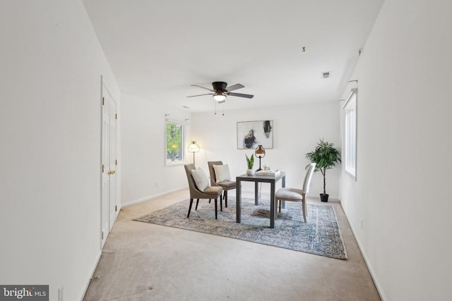 208 Mt Pleasant Dr, Locust Grove, VA 22508 - dining room featuring light colored carpet, ceiling fan, baseboards, and an office area