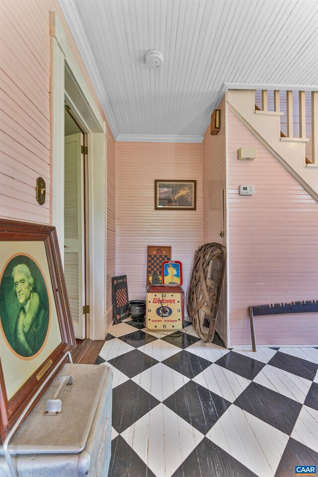 5722 James River Rd, Gladstone, VA 24553 - hallway with crown molding, wood walls, and wooden ceiling