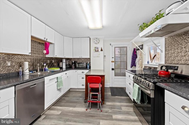 8954 Courthouse Rd, Spotsylvania, VA 22553 - kitchen with appliances with stainless steel finishes, a sink, under cabinet range hood, white cabinetry, and light wood finished floors