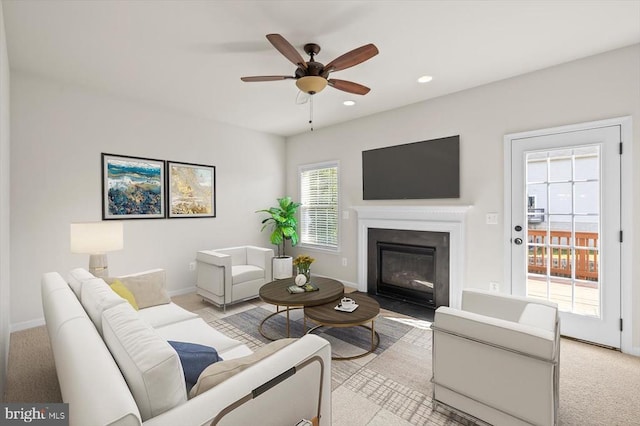 35367 Pheasant Ridge Rd, Locust Grove, VA 22508 - living room with a ceiling fan, a fireplace with flush hearth, recessed lighting, and light carpet
