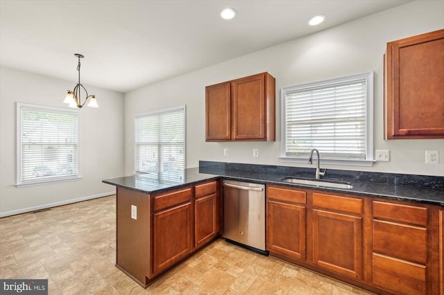 35367 Pheasant Ridge Rd, Locust Grove, VA 22508 - kitchen featuring stainless steel dishwasher, a peninsula, dark stone countertops, brown cabinets, and recessed lighting