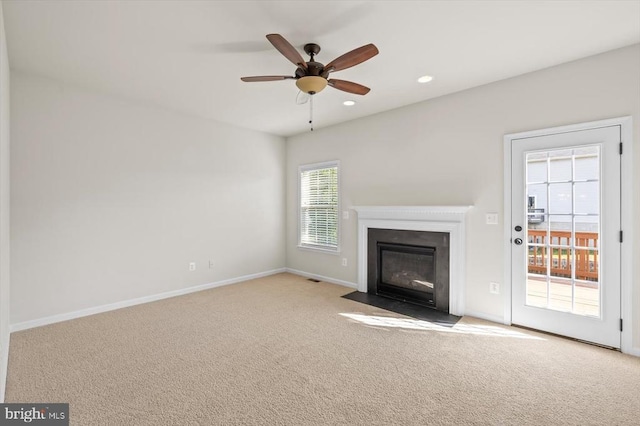 35367 Pheasant Ridge Rd, Locust Grove, VA 22508 - unfurnished living room featuring carpet floors, a fireplace with flush hearth, a ceiling fan, and recessed lighting