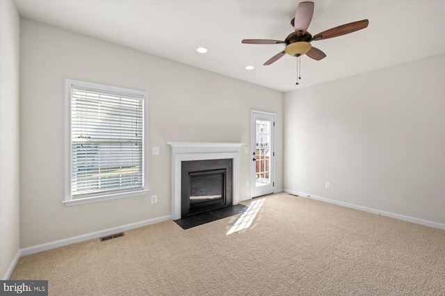 35367 Pheasant Ridge Rd, Locust Grove, VA 22508 - unfurnished living room featuring carpet, a fireplace with flush hearth, a ceiling fan, and recessed lighting