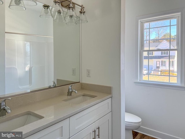 bathroom with toilet, double vanity, and wood finished floors