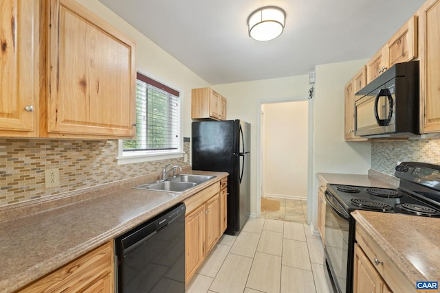 1216 Grove St, Charlottesville, VA 22903 - kitchen featuring black appliances, a sink, light brown cabinets, and tasteful backsplash