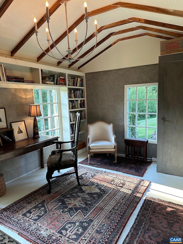 10064 Hatton Ferry Ln, Scottsville, VA 24590 - office space with vaulted ceiling, healthy amount of natural light, a chandelier, and concrete floors