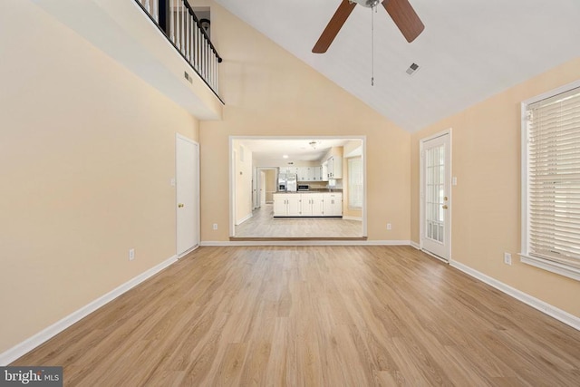 6904 Lakeland Way, Fredericksburg, VA 22407 - unfurnished living room featuring light wood-style flooring, ceiling fan, and high vaulted ceiling