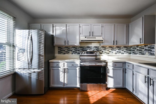 11175 Elwyn Ct, Fredericksburg, VA 22407 - kitchen with stainless steel appliances, under cabinet range hood, light countertops, and dark wood-type flooring